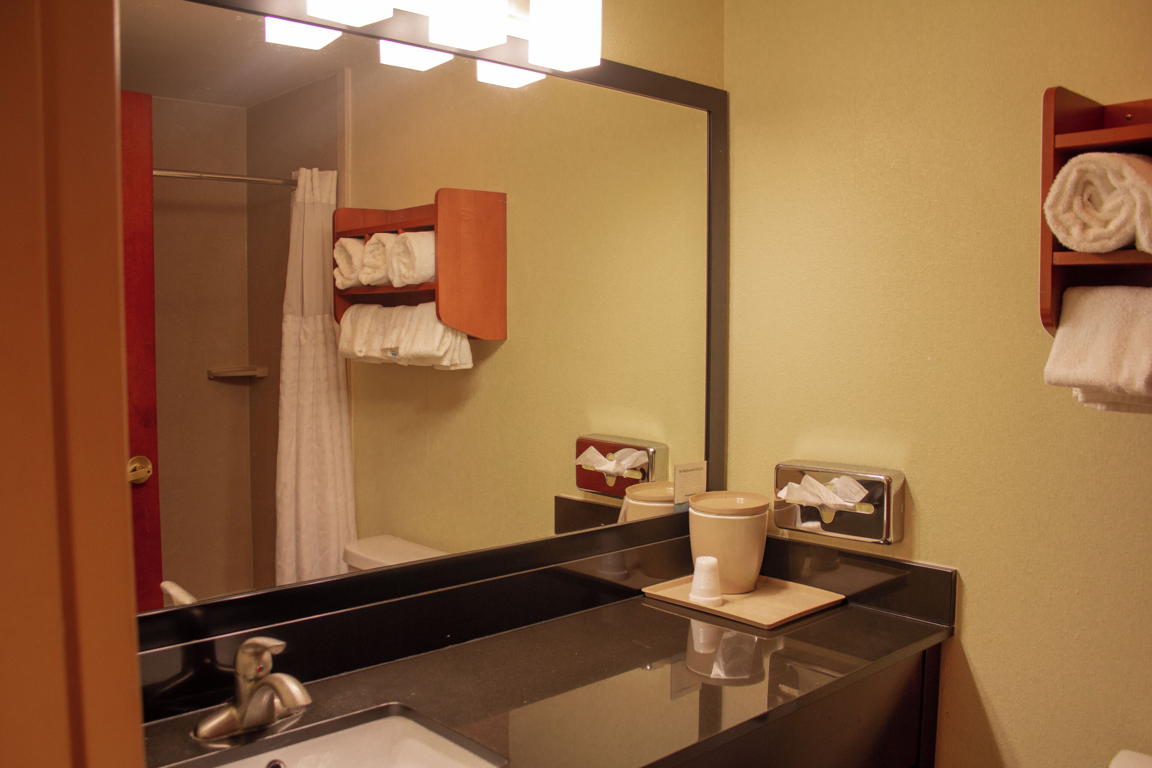 A hotel bathroom with a sink, mirror, towel rack, and a shower curtain.