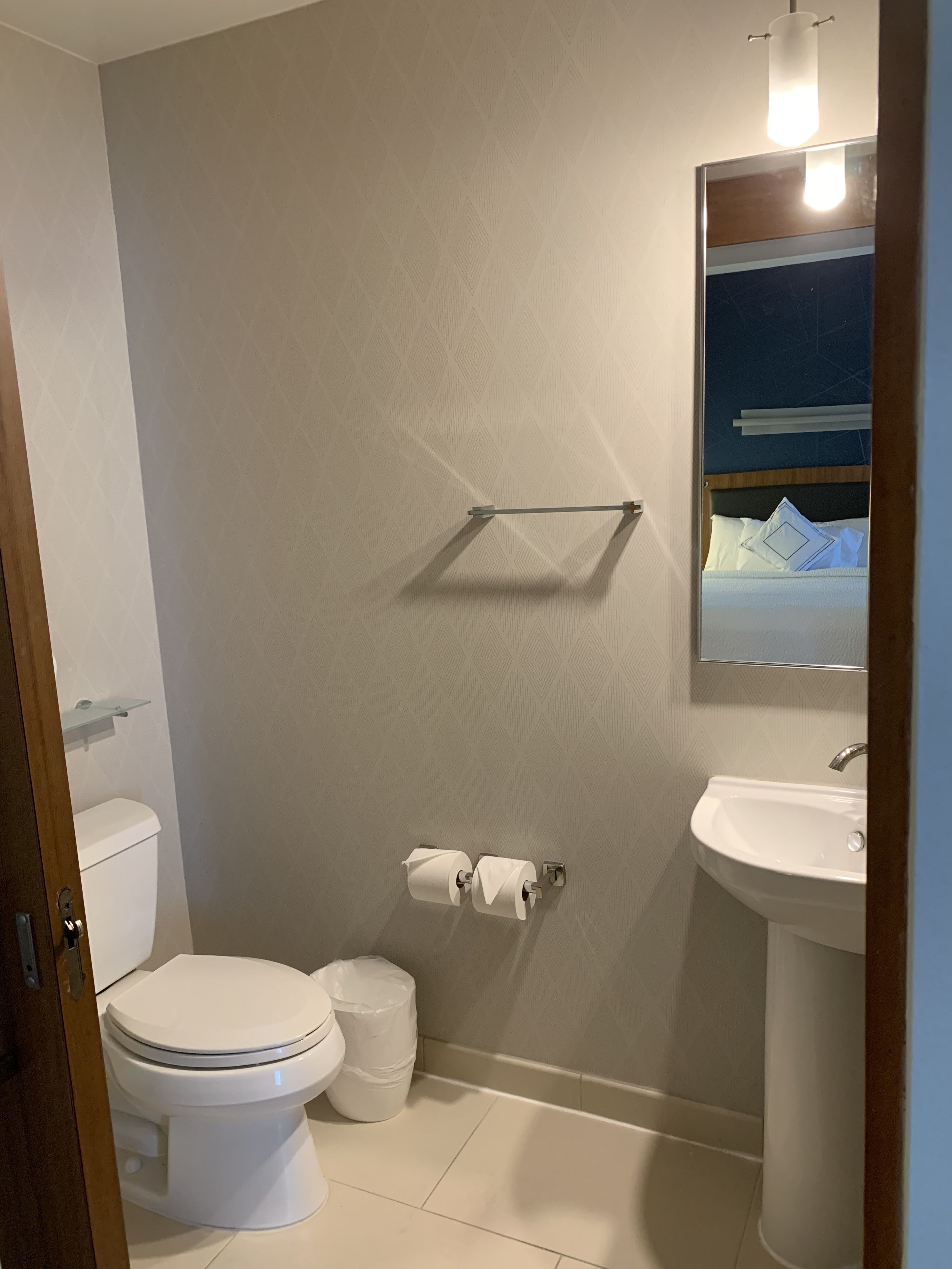Un baño con inodoro, lavamanos y espejo.