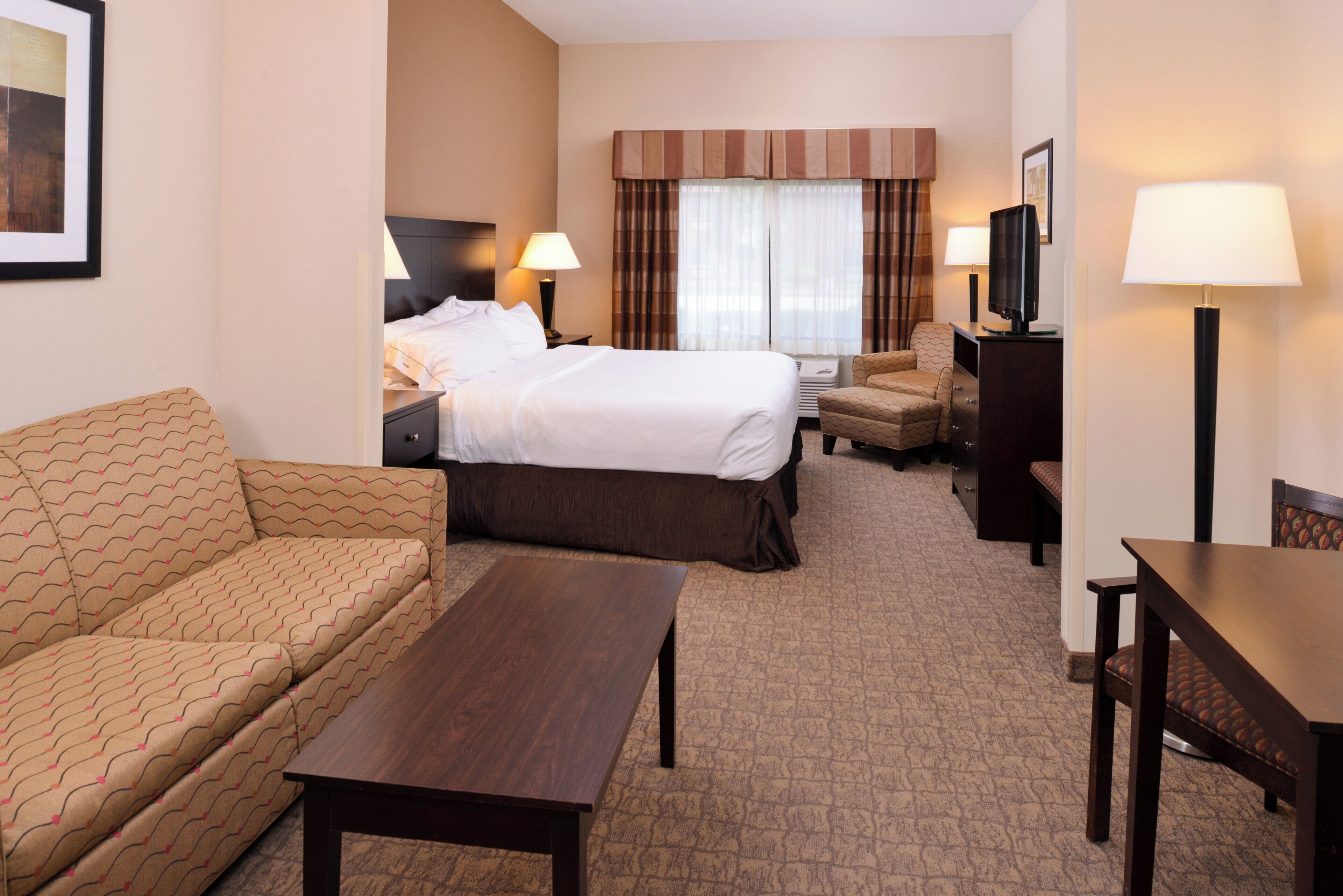 A hotel room with a bed, a sofa, a desk, and a television.
