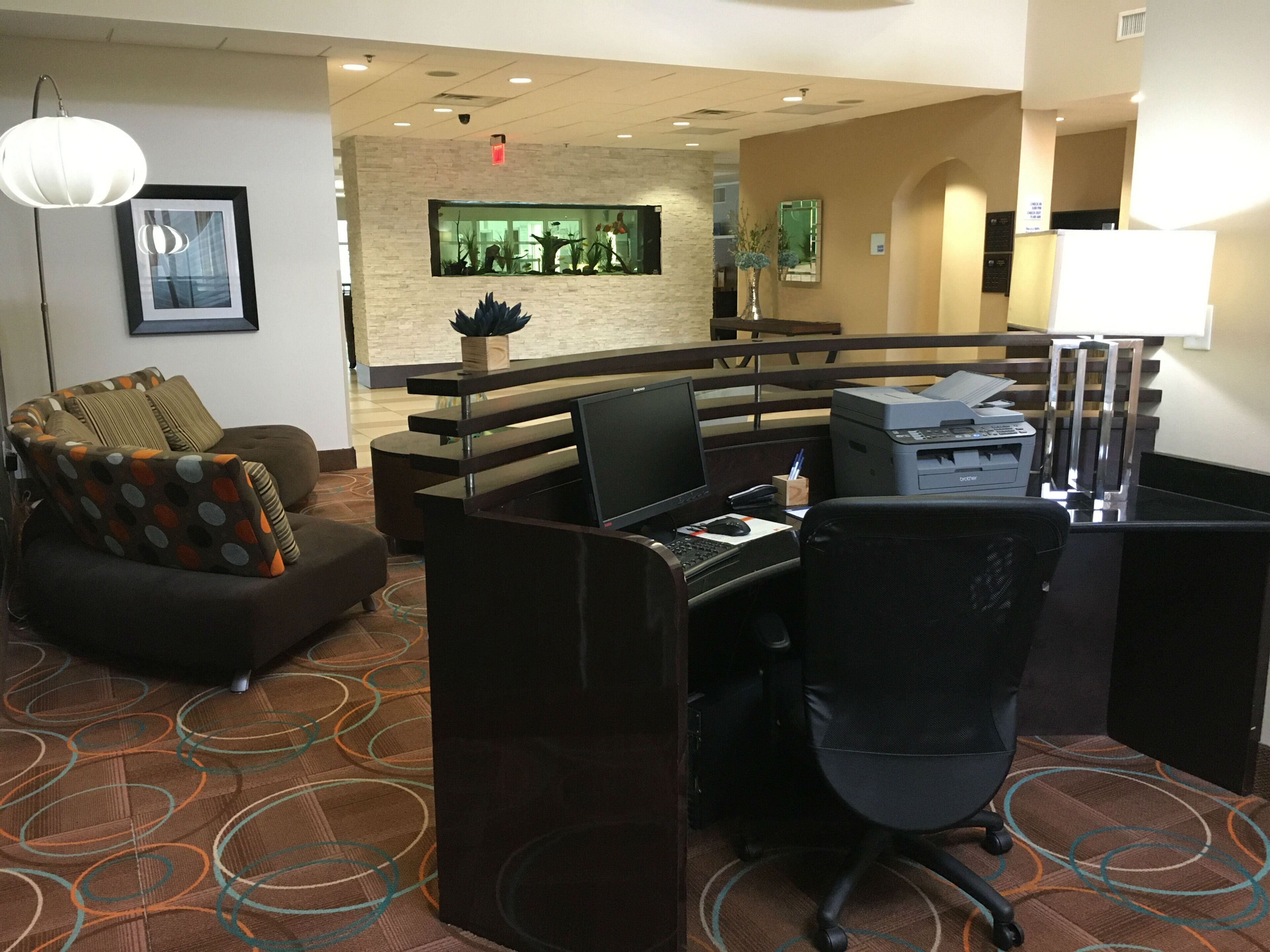 A hotel room with a desk, office chair, sofa, and a decorative wall with a plant.