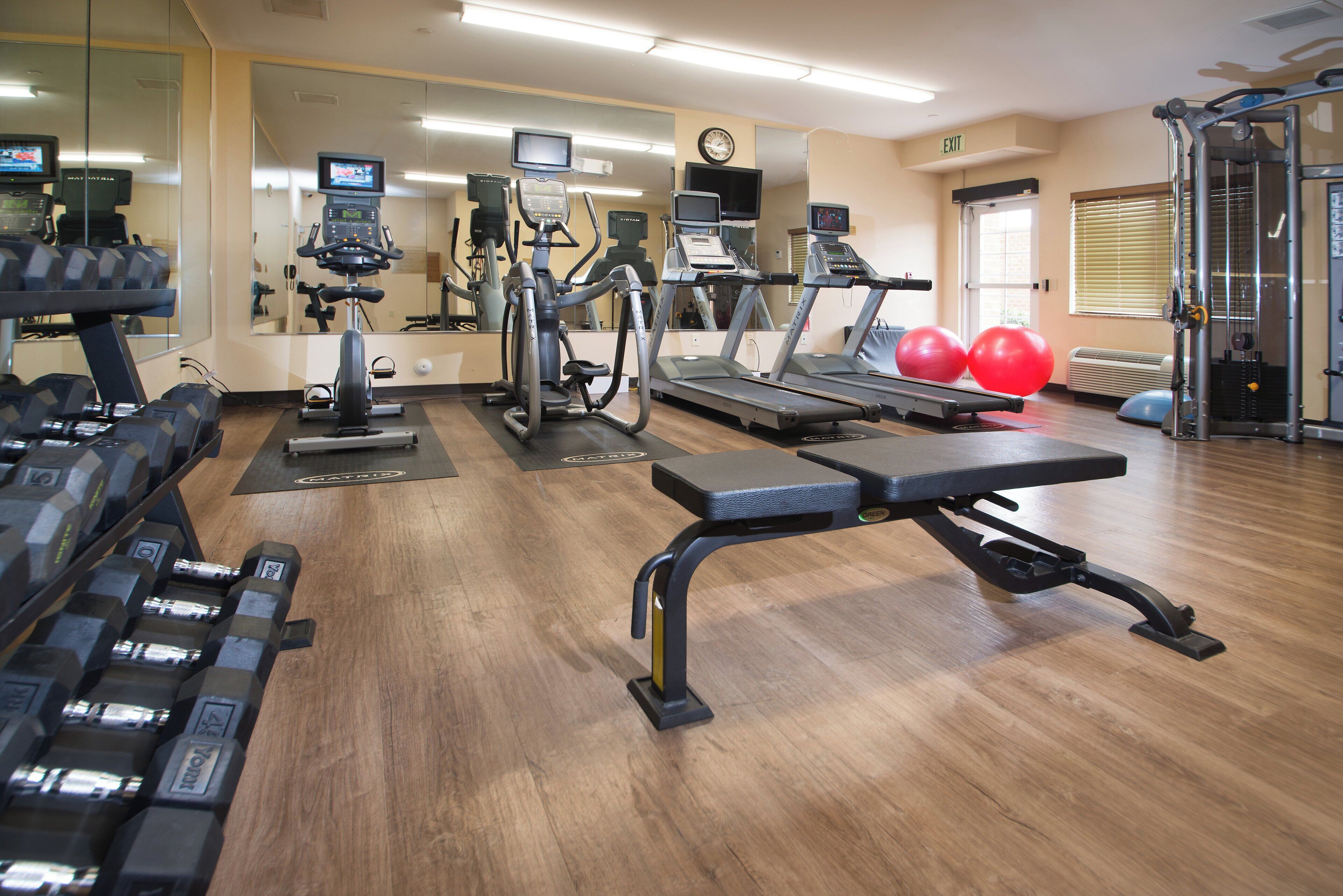 Un gimnasio con cintas de correr, elípticas y pesas libres.