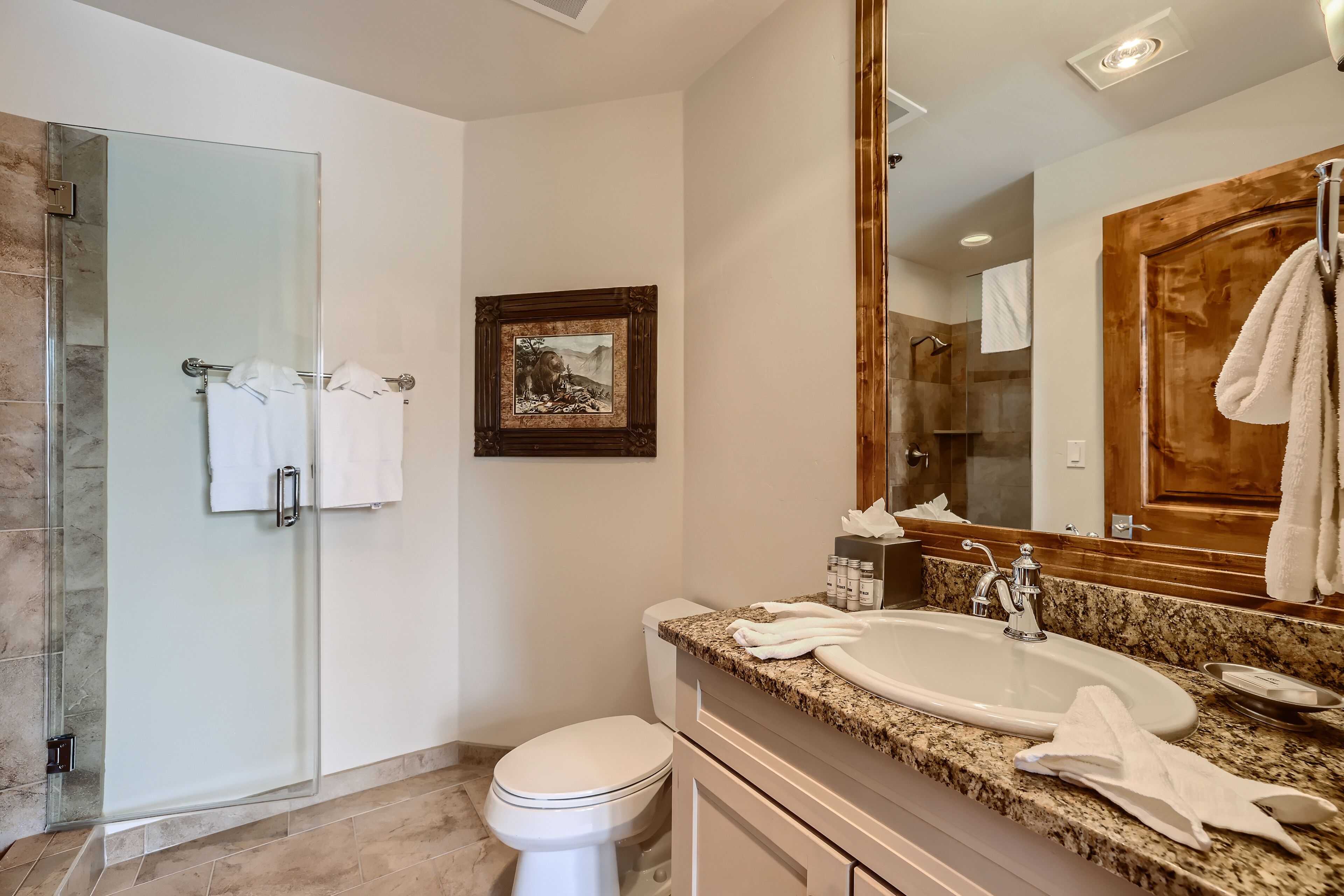 A modern bathroom with a glass-enclosed shower, a white toilet, a granite countertop sink, and a large mirror.