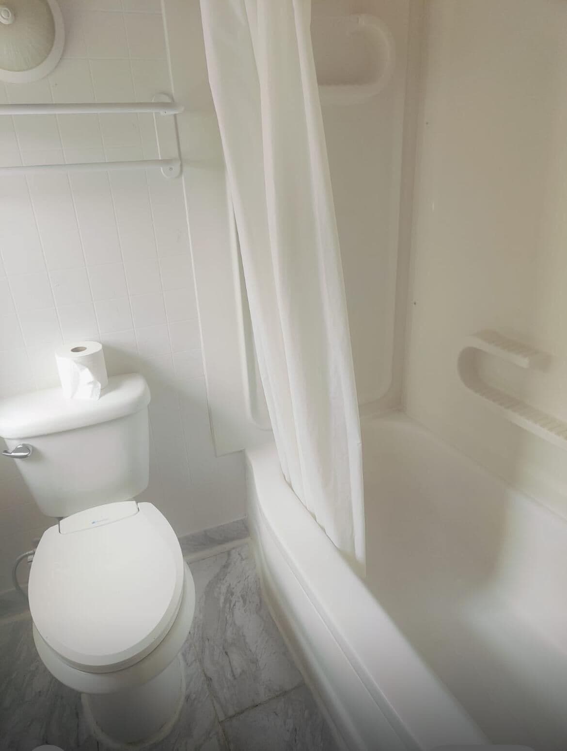 A bathroom with a toilet, a shower, and a bathtub.