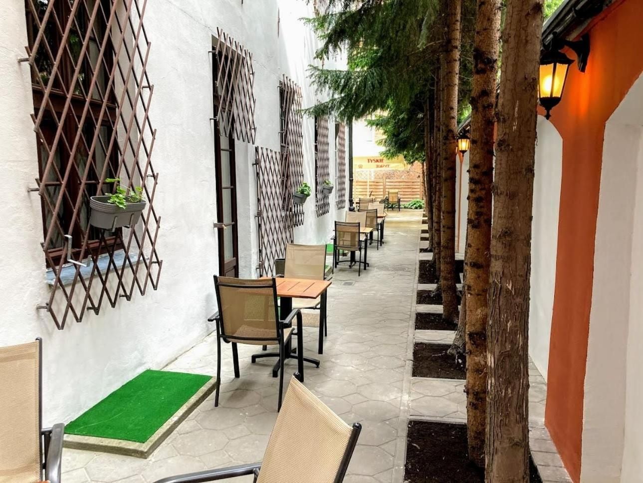 An outdoor seating area with tables and chairs, a green mat, and a row of trees.