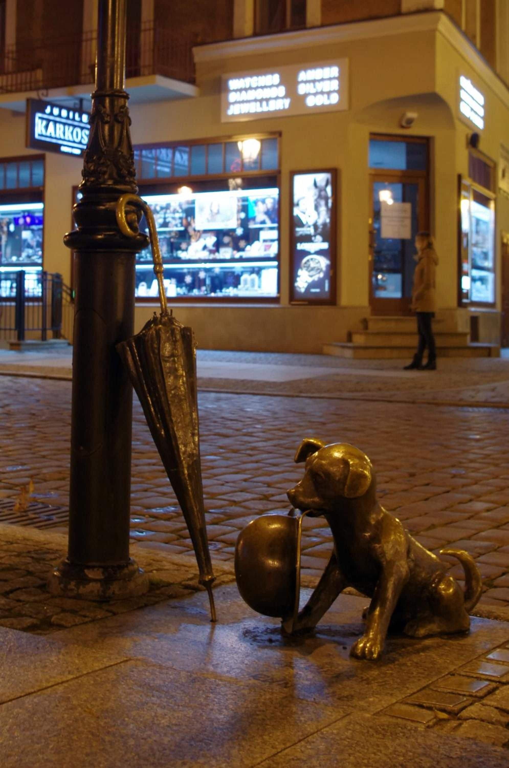 Eine nächtliche Straßenszene mit einer Statue, die einen Hund zeigt, der einen Eimer hält, und einer Straßenlaterne.