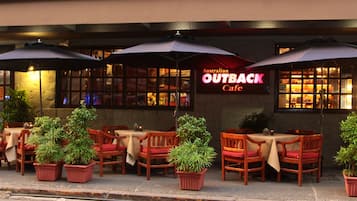 Breakfast, lunch, dinner served; international cuisine