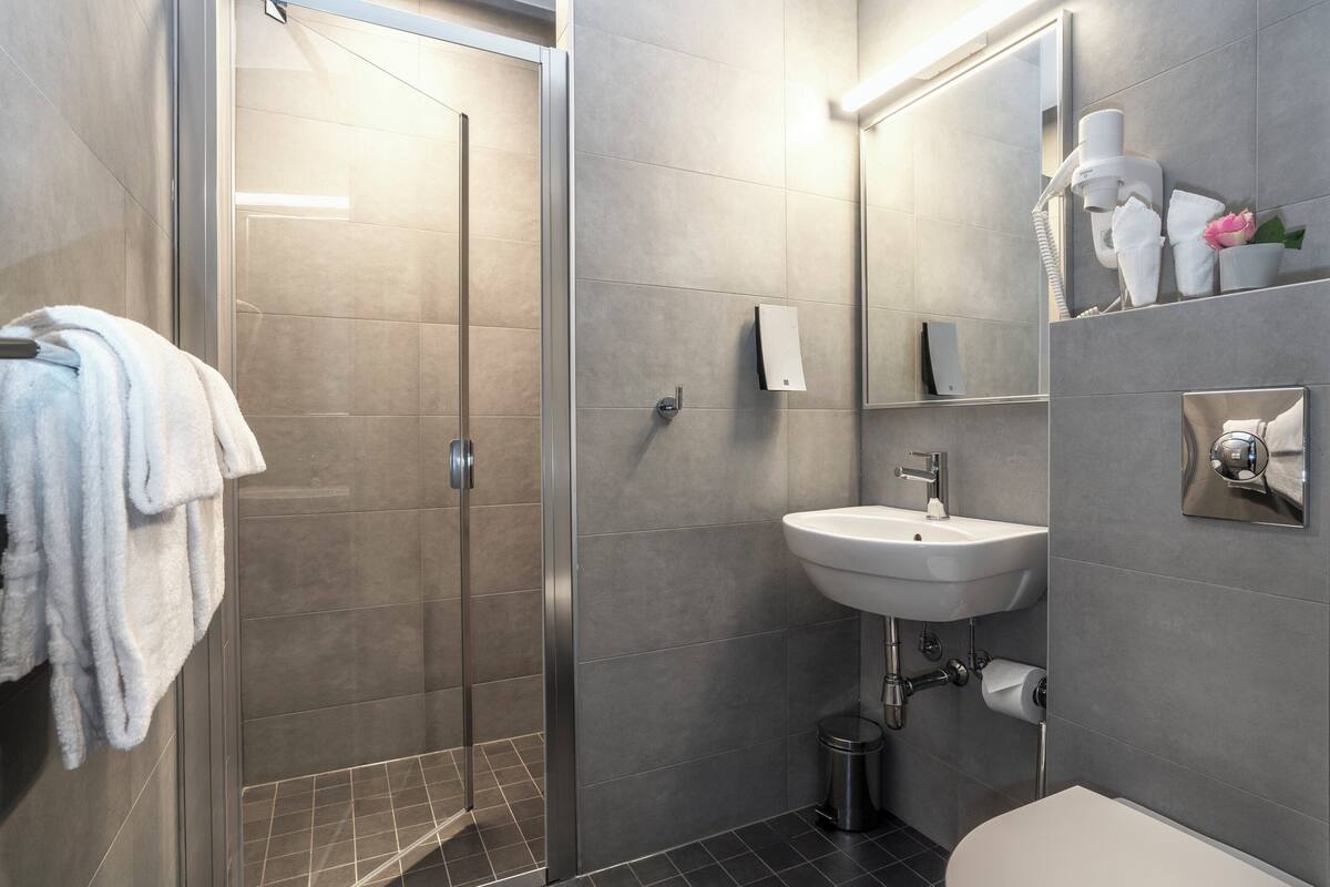 eco-friendly toiletries, hair dryer, towels