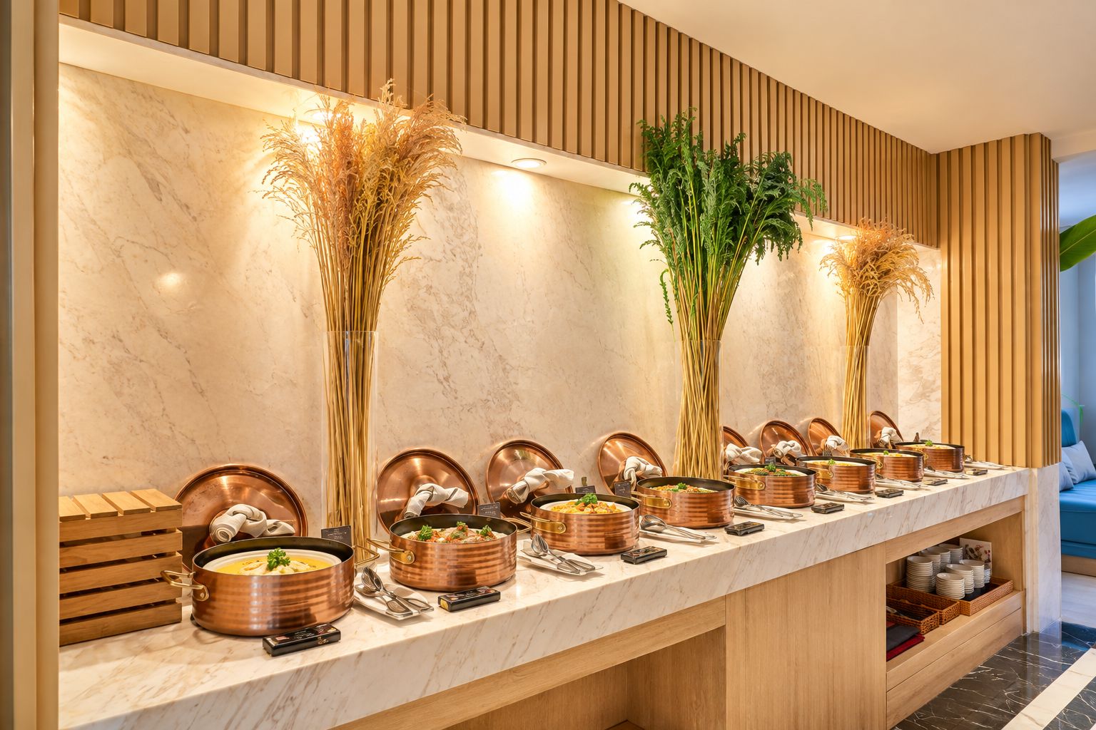 Una larga mesa buffet con fuentes de cobre y altas plantas decorativas.
