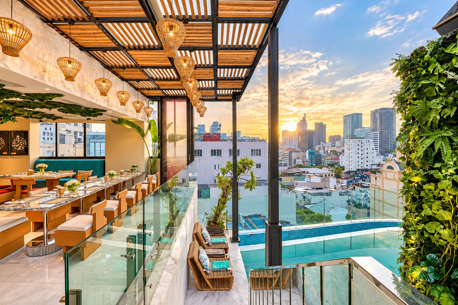 Restaurante no terraço com vista para a cidade, guarda-corpos de vidro e piscina.