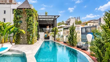 Outdoor pool, pool umbrellas, pool loungers