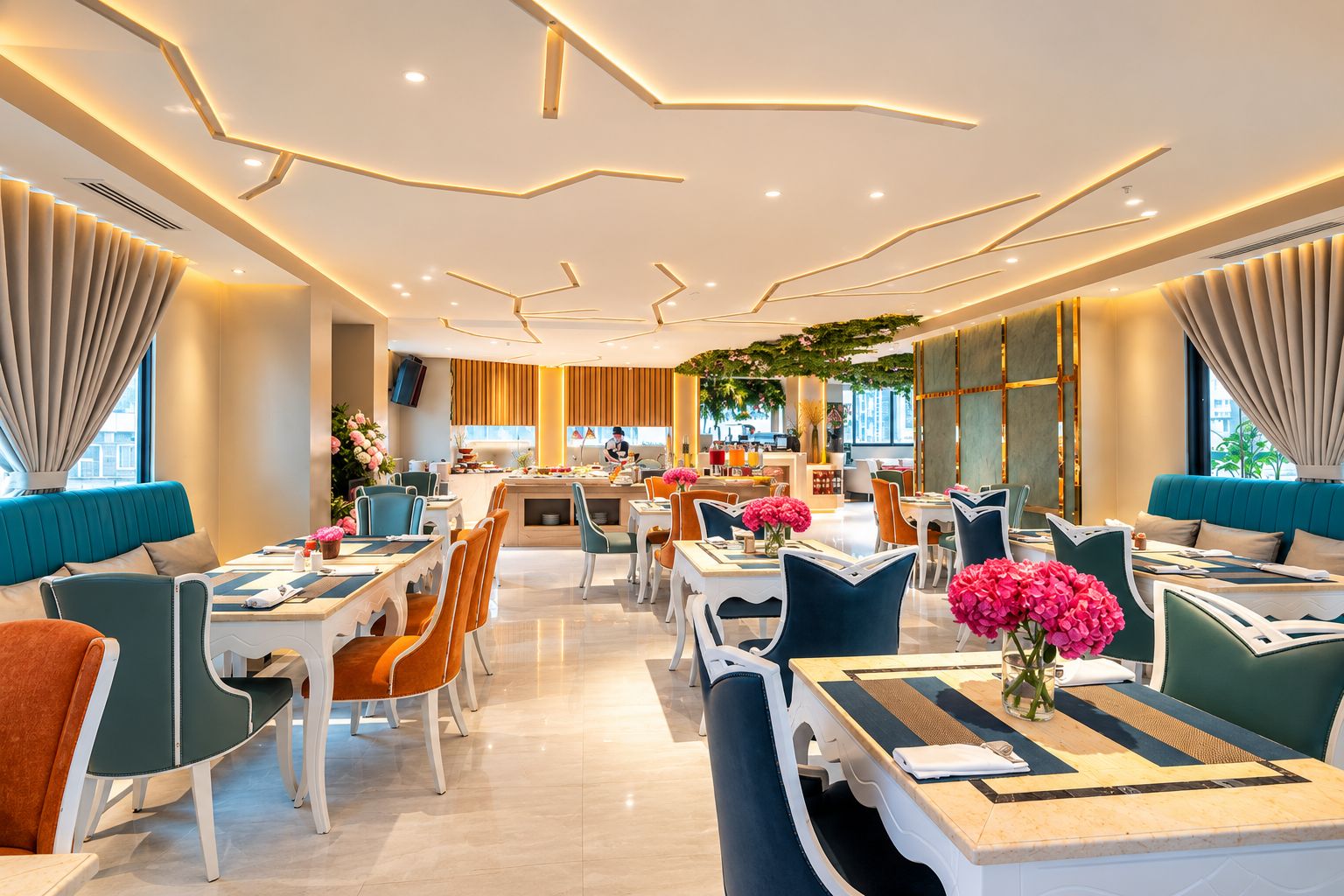 Un restaurante moderno con una barra central, varias mesas de comedor con sillas y un techo con lámparas geométricas.