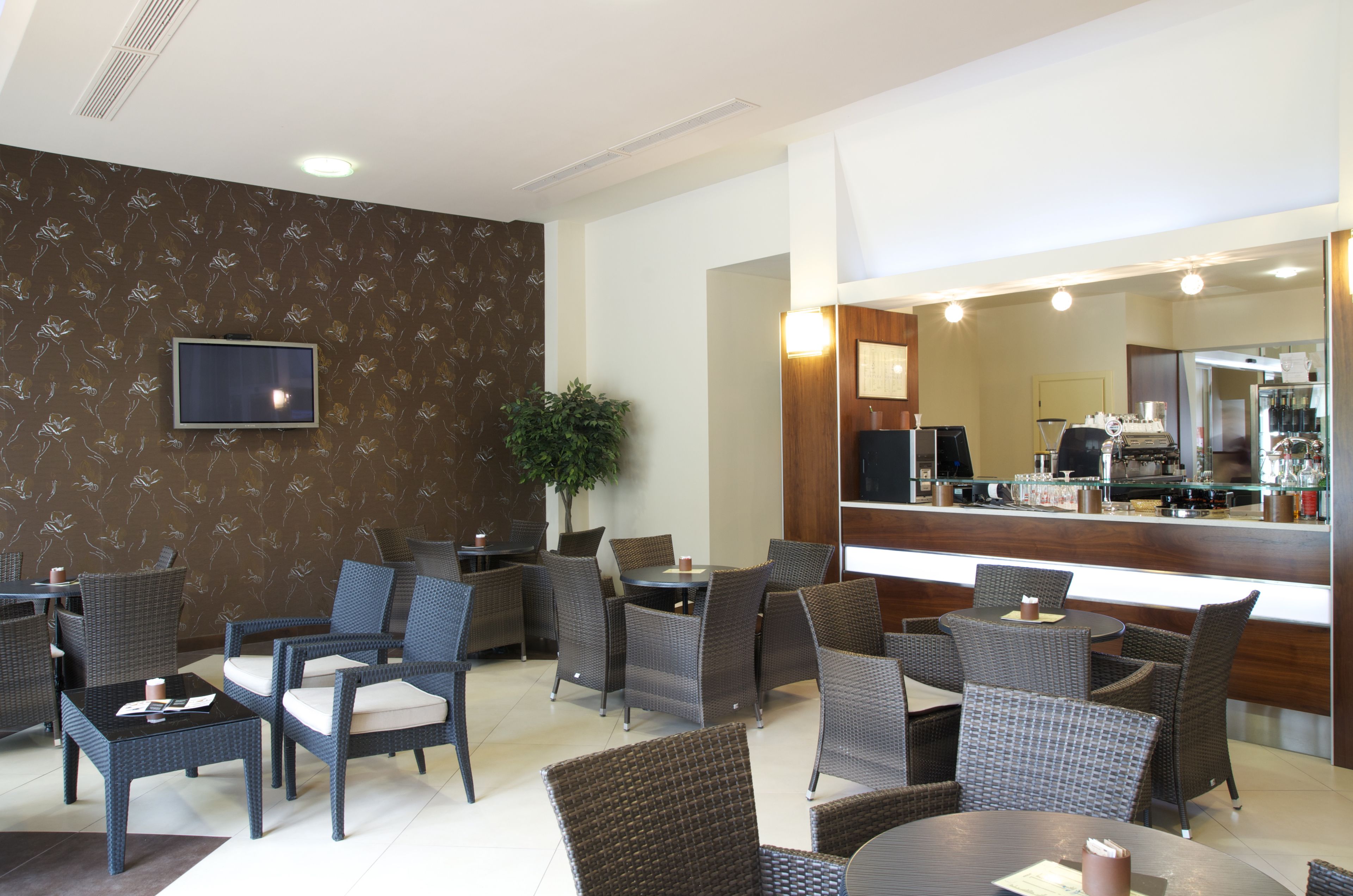 Een hotel lobby met rieten meubels, een televisie, een plant en een balie met een koelkast.