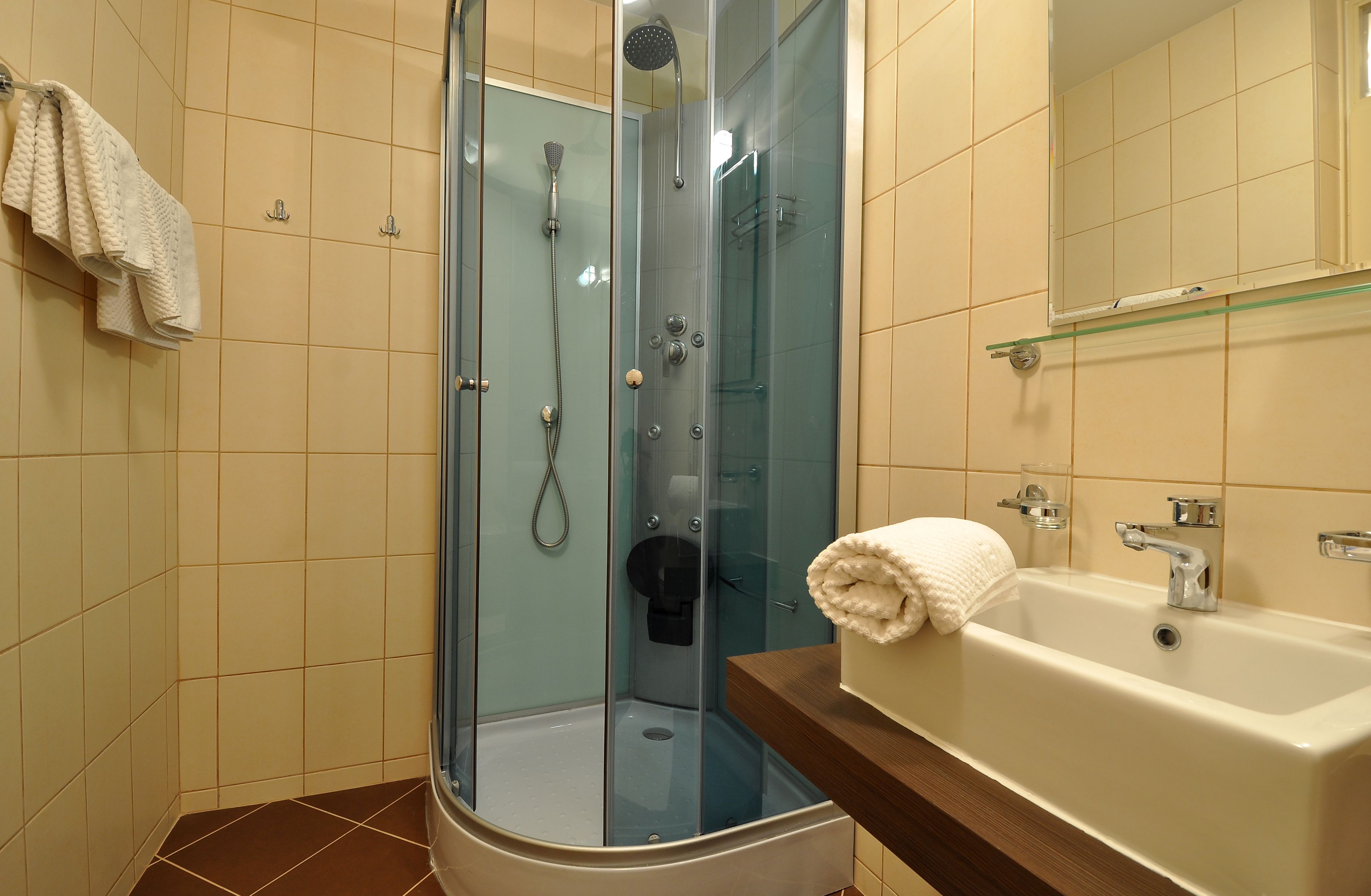 standard double room | bathroom | shower, hair dryer, towels