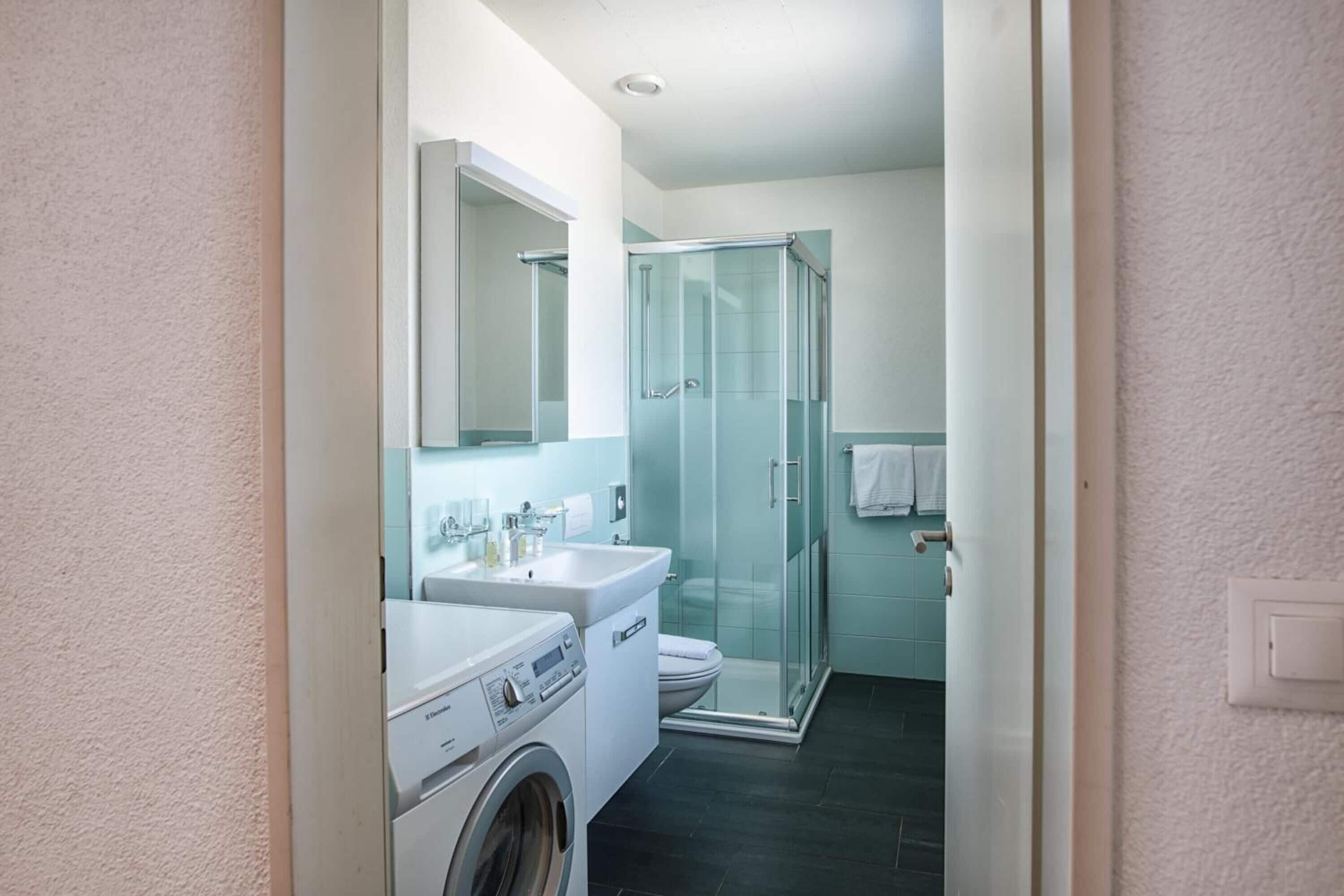A modern bathroom with a glass shower enclosure, a washing machine, and a sink.