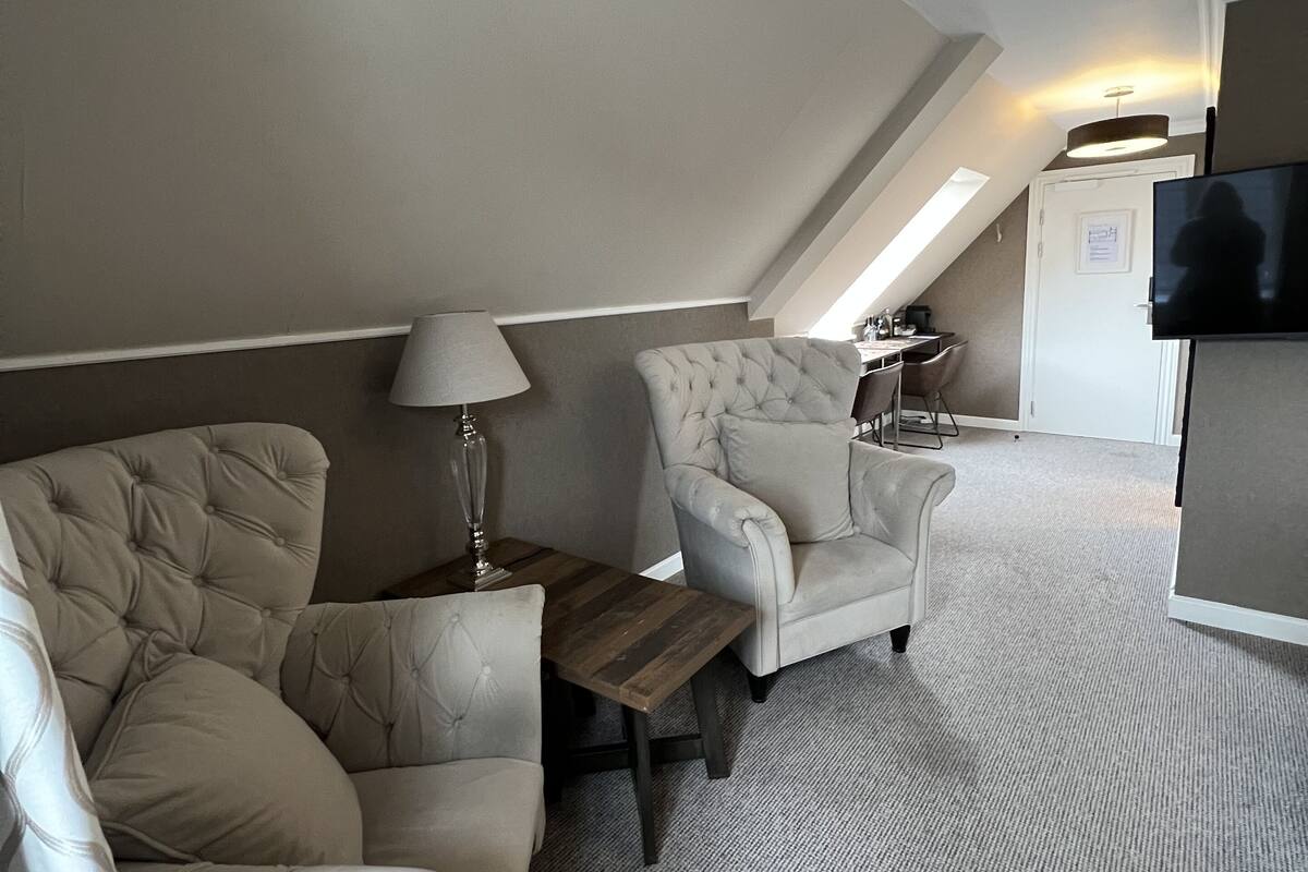 Une pièce confortable de style loft, avec un canapé, un fauteuil et une petite table en bois. Un téléviseur est fixé au mur, et on aperçoit un coin cuisine au fond de la pièce.