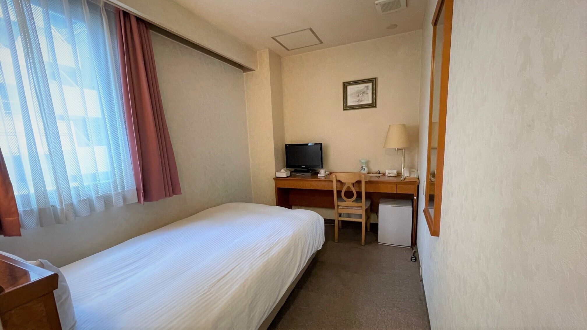 Habitación de hotel con una cama individual, un escritorio con televisor, una silla y un refrigerador pequeño.