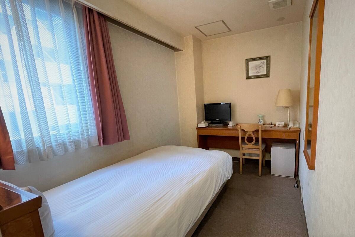 A hotel room with a single bed, a desk with a television, a chair, and a small refrigerator.