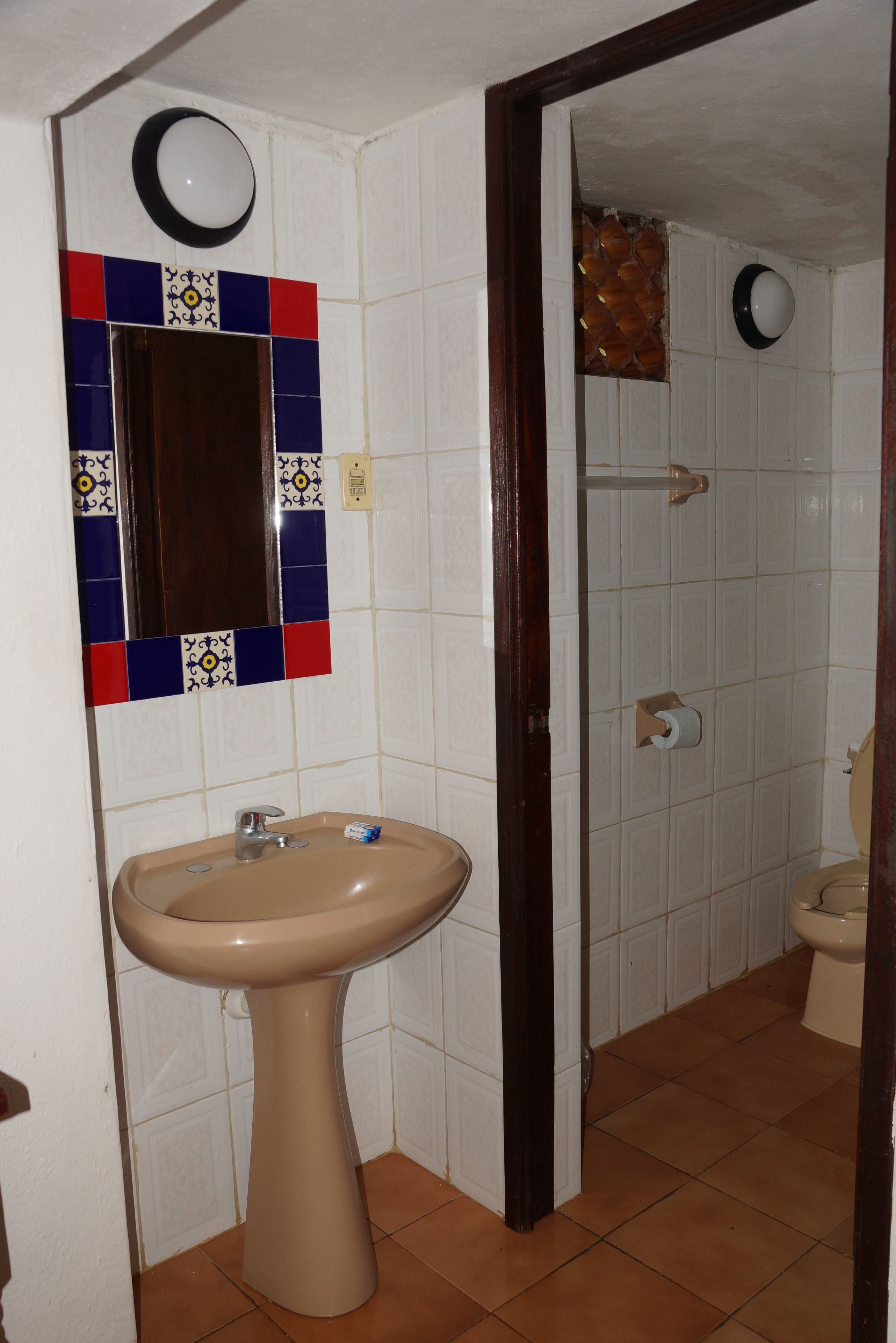 Une salle de bain avec un lavabo, un miroir et des toilettes.