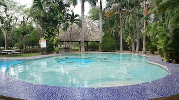 Une piscine dont le bord est revêtu de carreaux, entourée de palmiers et bordée d’une structure à toit de chaume.