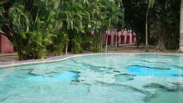 A clear pool surrounded by palm trees and a red building in the background.