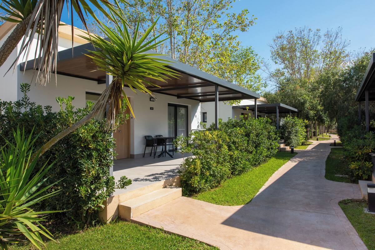 A modern house with a covered patio, a concrete pathway, and lush greenery.