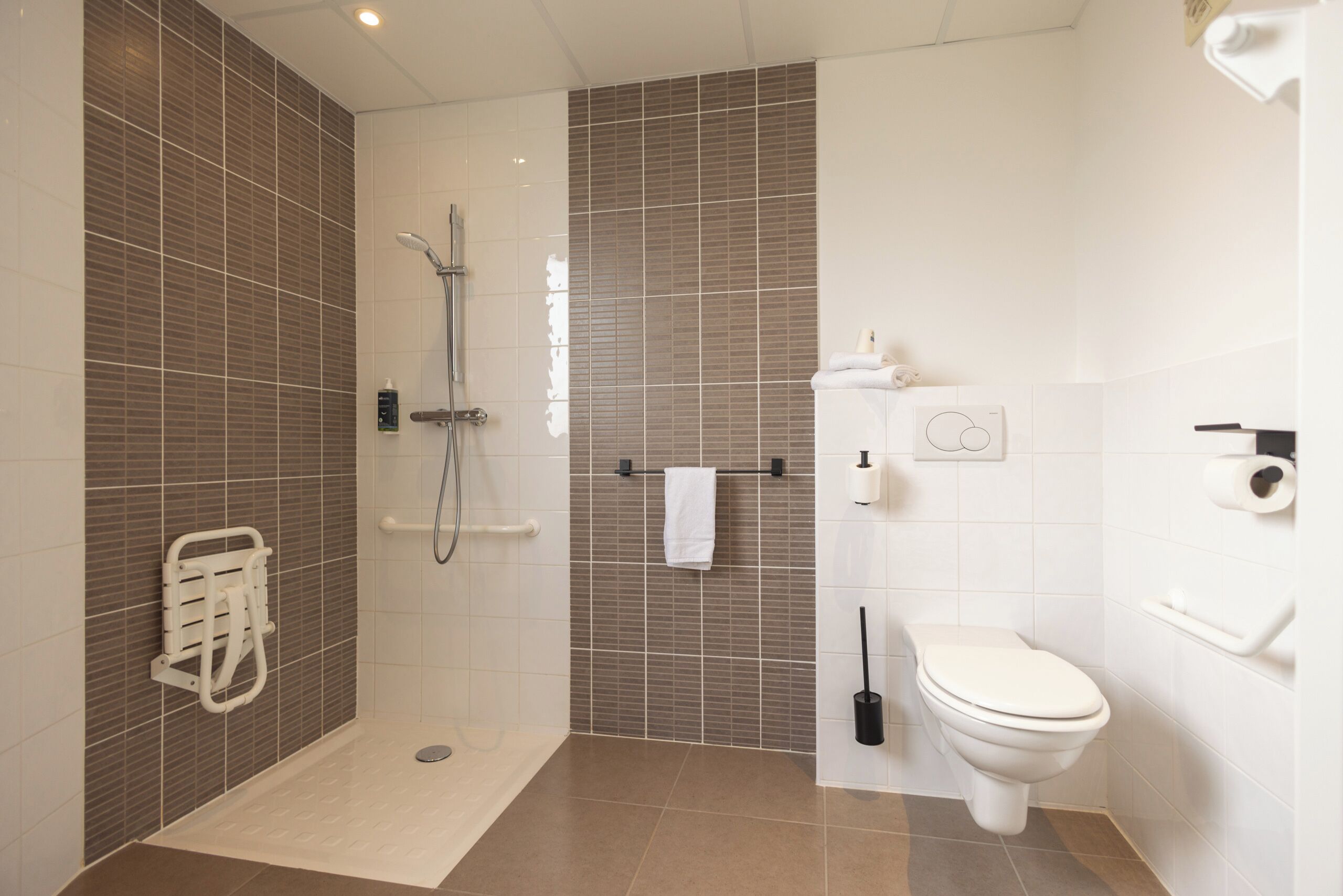 Ein Badezimmer mit Dusche, Toilette und Handtuchhalter.