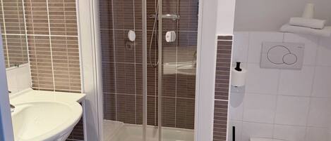 A bathroom with a glass-enclosed shower, a sink, and a toilet.