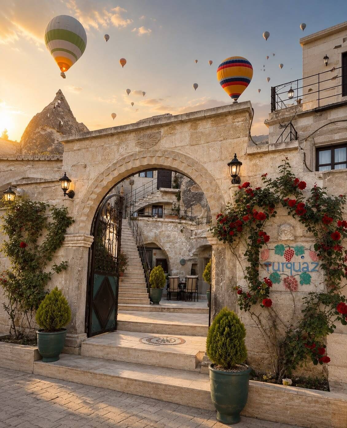 A stone archway leading to a courtyard with a staircase, potted plants, and a sign reading 'Turquaz'.