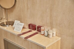 Shower, towels, soap, shampoo