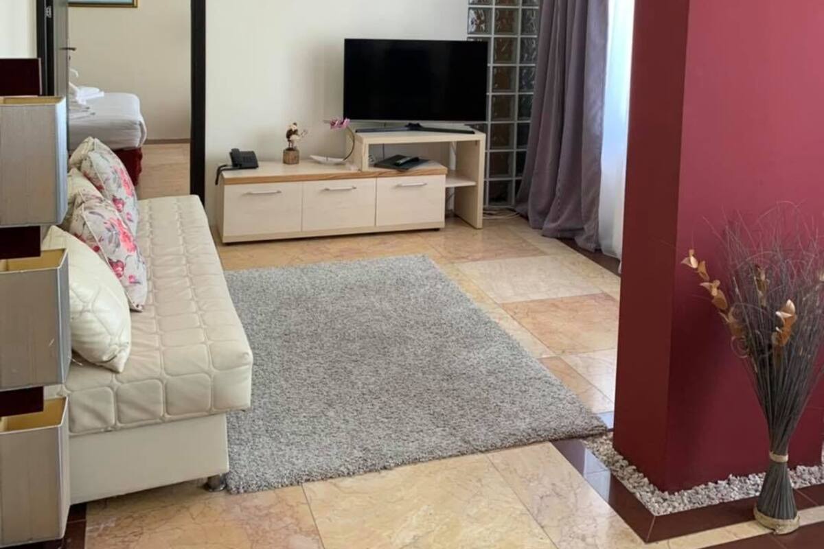 En moderne stue med sofa, fjernsyn og et dekorativt spejl.
