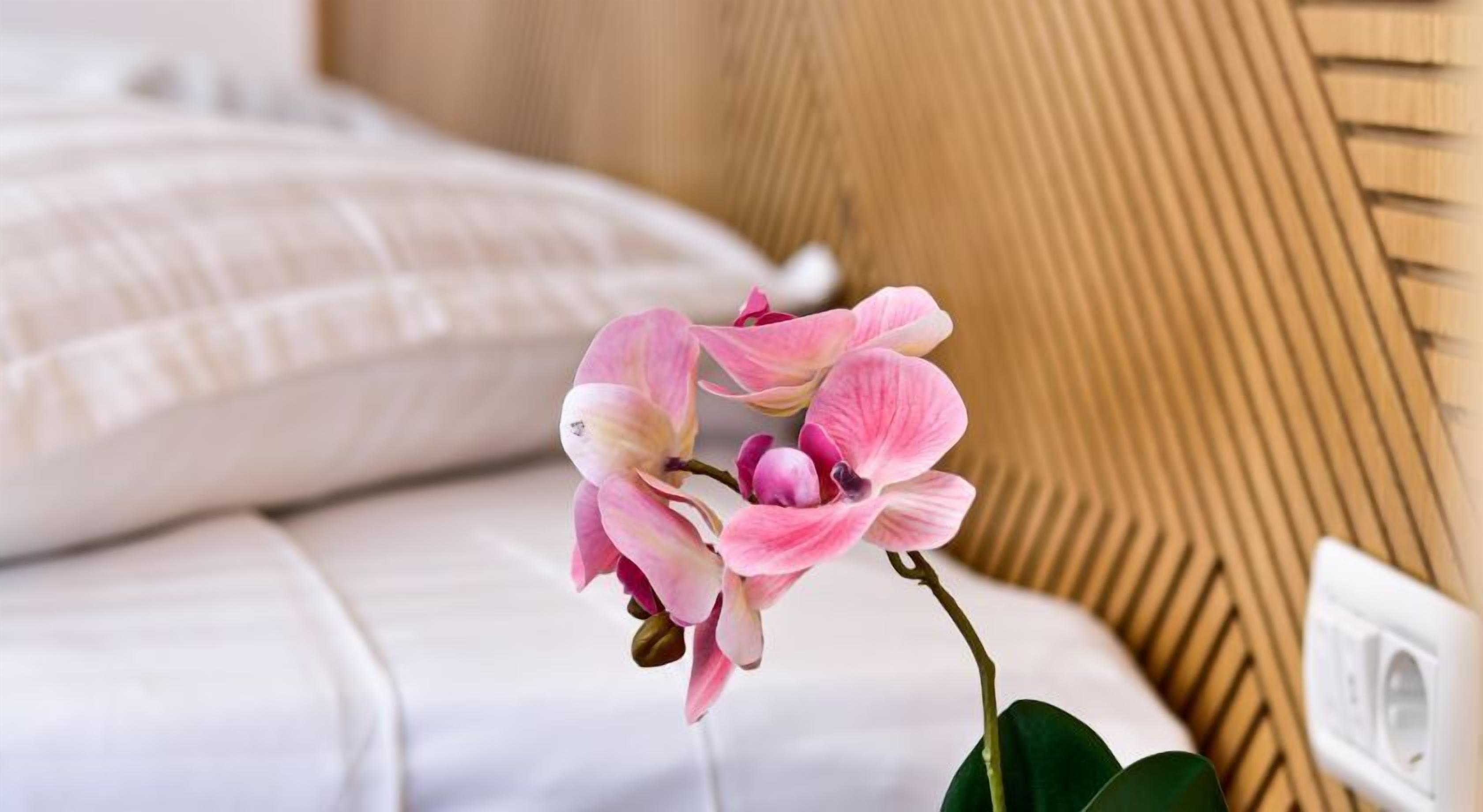 Cama com roupa de cama branca e uma orquídea rosa solitária em vaso.
