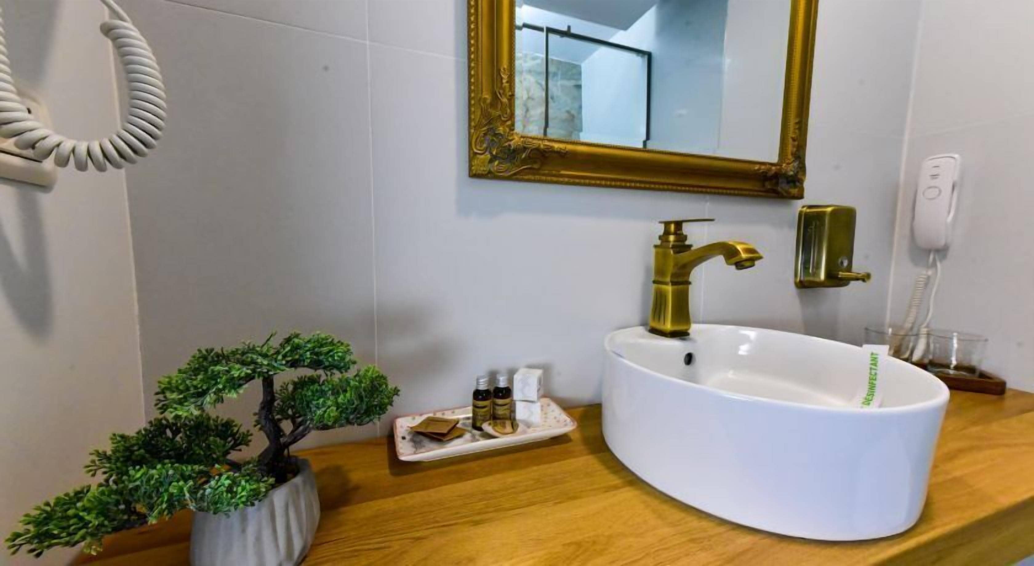 A bathroom with a white sink, gold faucet, and a small potted plant.