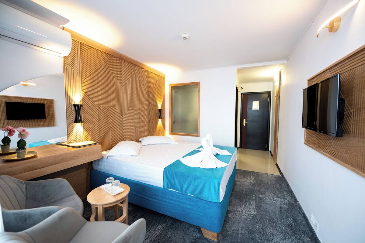 Et moderne hotelværelse med en seng, et skrivebord med stol, et fjernsyn og en badeværelsesdør.