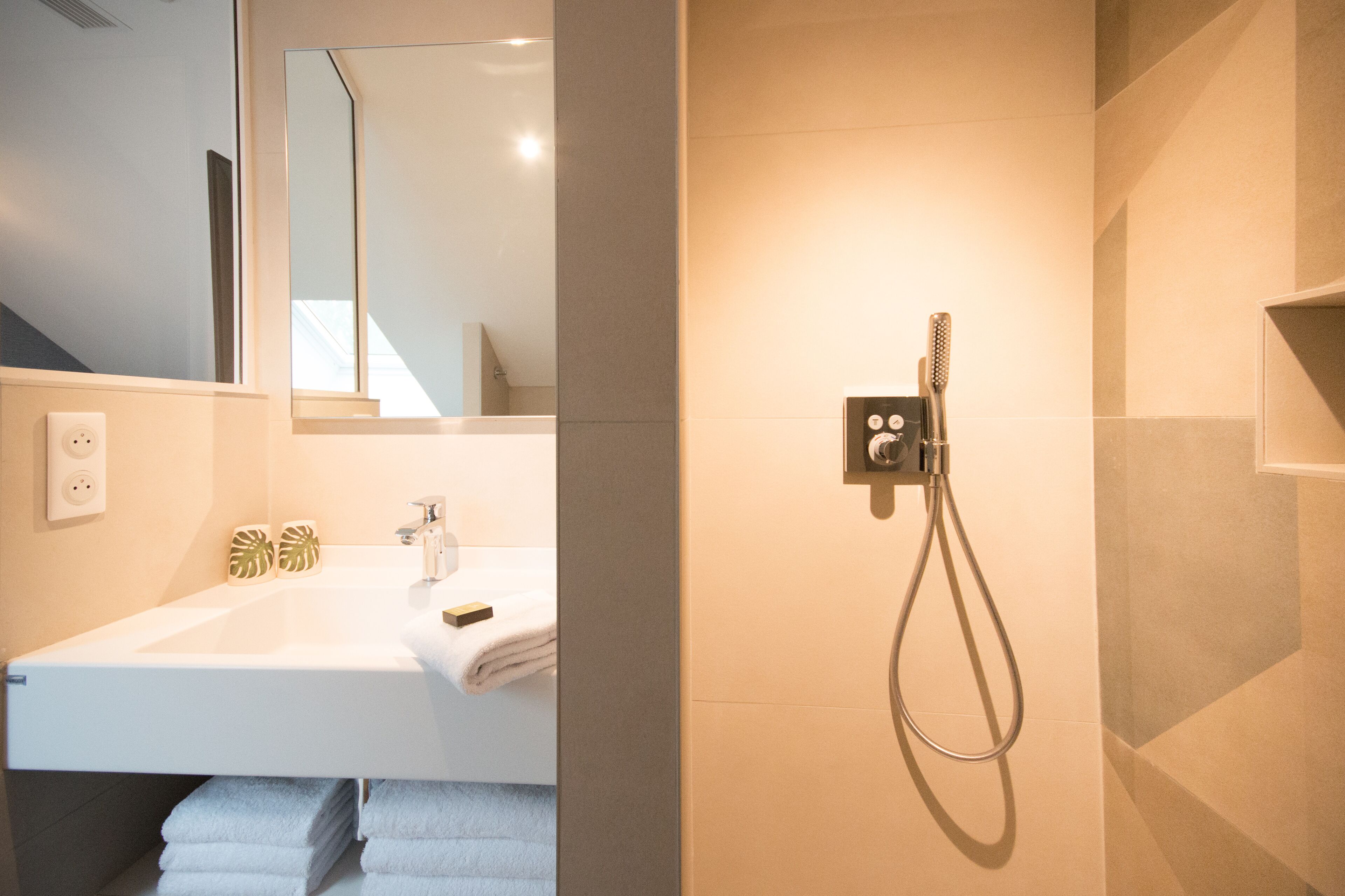 A modern bathroom with a white sink, a handheld showerhead, and a mirror.