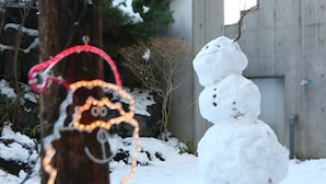 Een sneeuwpop met wortelneus en kooltjesogen, een houten paal met lichtjes, en een betonnen muur op de achtergrond.