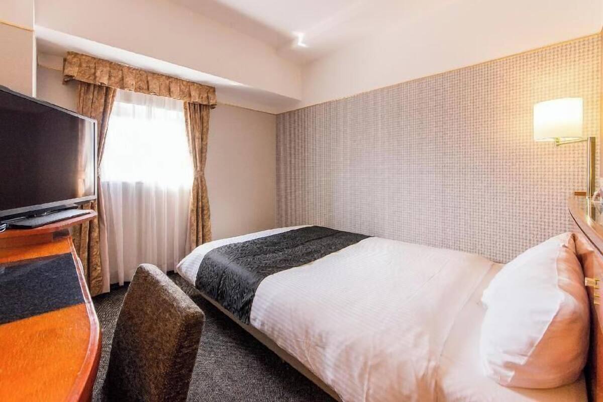 Habitació d'hotel amb llit, televisió, escriptori i làmpada.