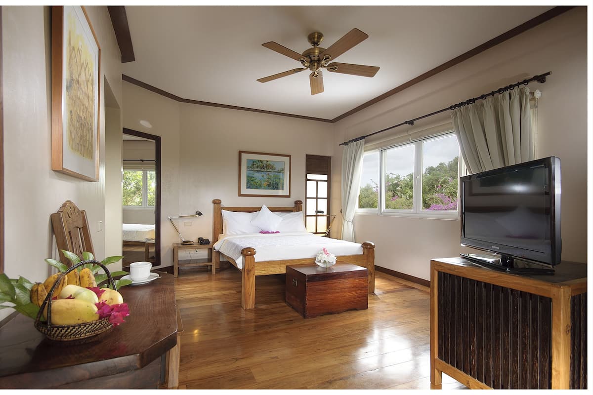 A bedroom with a wooden bed, a ceiling fan, a television, and a window with curtains.