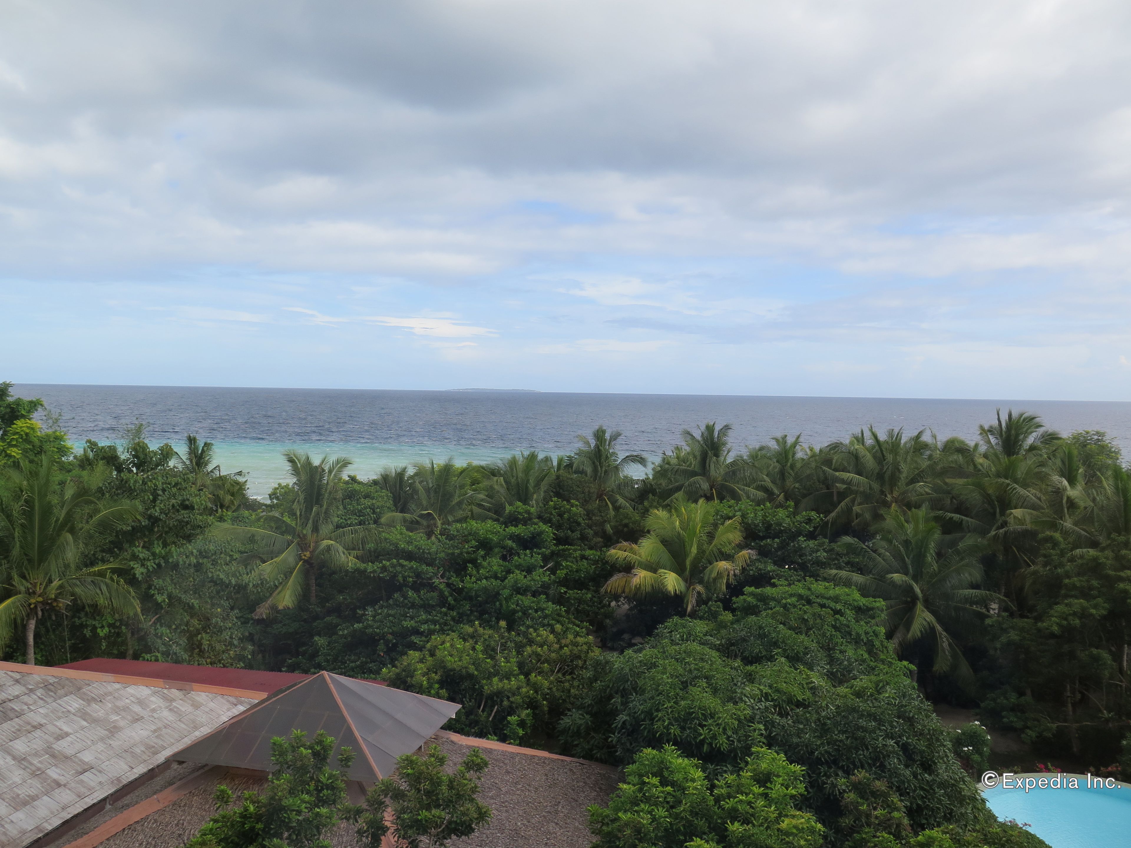 A tropical landscape with a view of the ocean, dense greenery, and a building with a red roof.