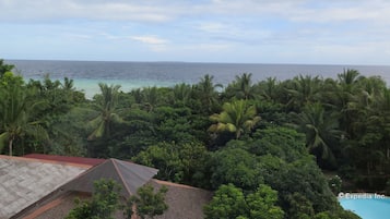 A tropical landscape with a view of the ocean, dense greenery, and a building with a red roof.