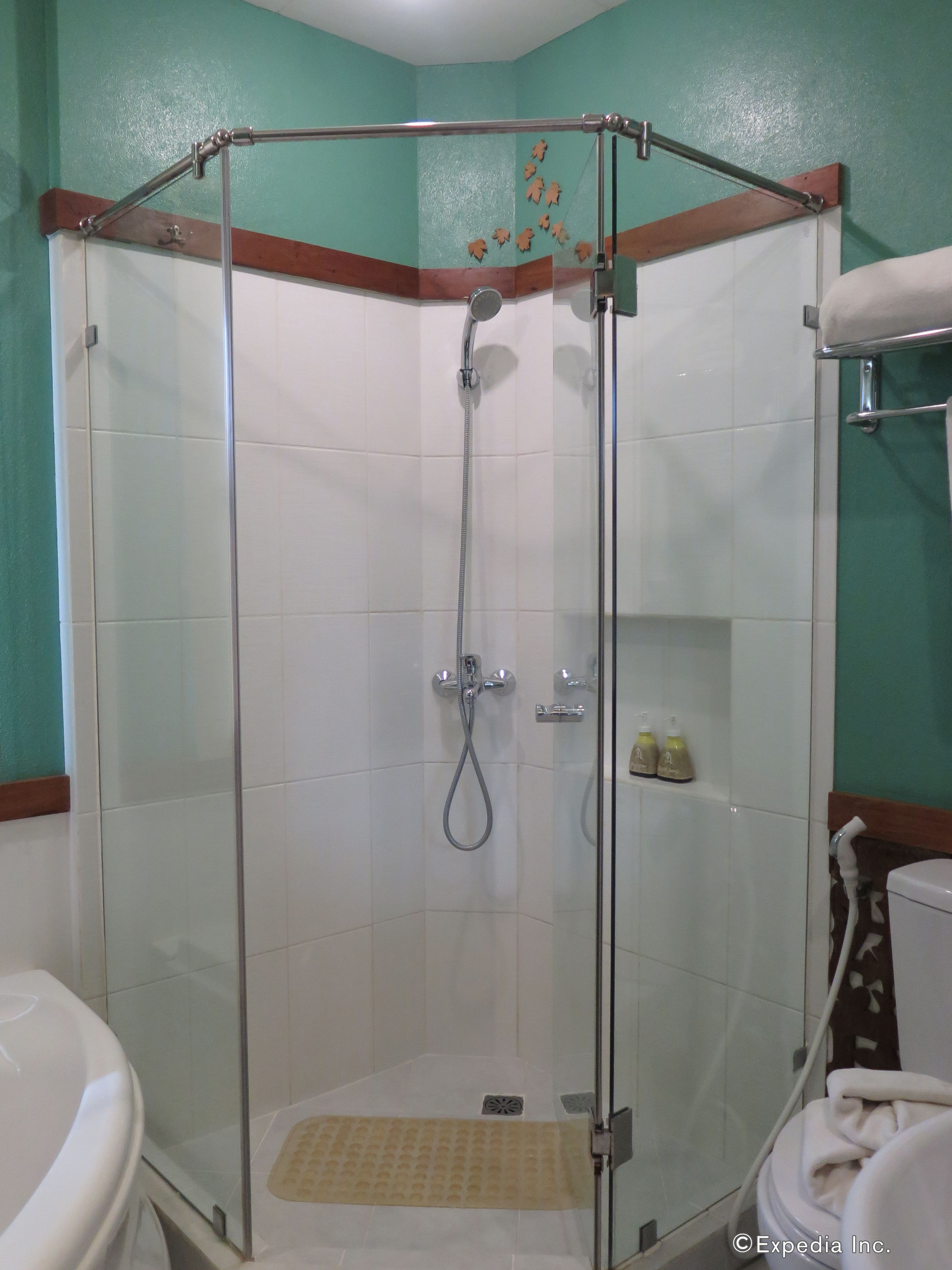 Een douche met glazen wanden, een handdouche, een glazen deur en een witte betegelde muur.