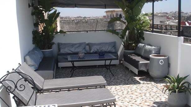 Une terrasse sur le toit dotée d’un espace salon, comprenant un canapé et des fauteuils, le tout agrémenté de plantes en pot.