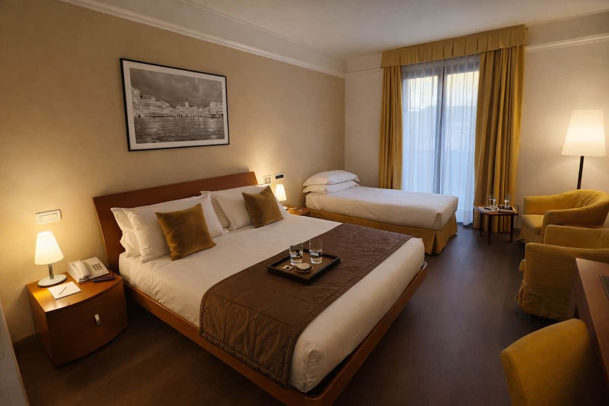 Habitación de hotel con una cama grande, una cama más pequeña, un escritorio con lámpara, una silla y un cuadro en la pared.