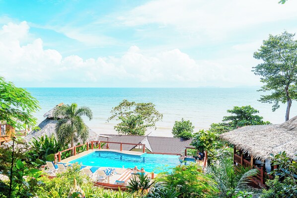 Outdoor pool, pool umbrellas, pool loungers
