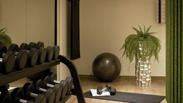 Un gimnasio con mancuernas, una pelota de ejercicio grande y una planta en maceta.