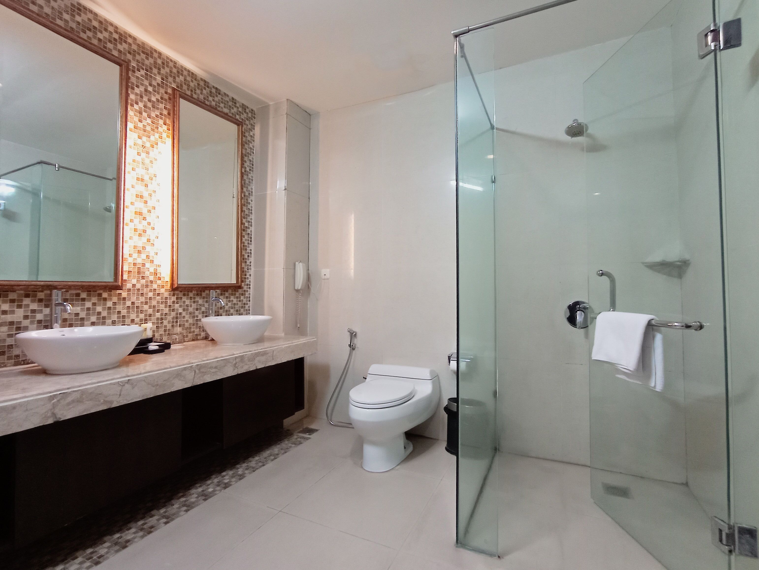 A modern bathroom with a glass shower enclosure, a double sink vanity, and a toilet.