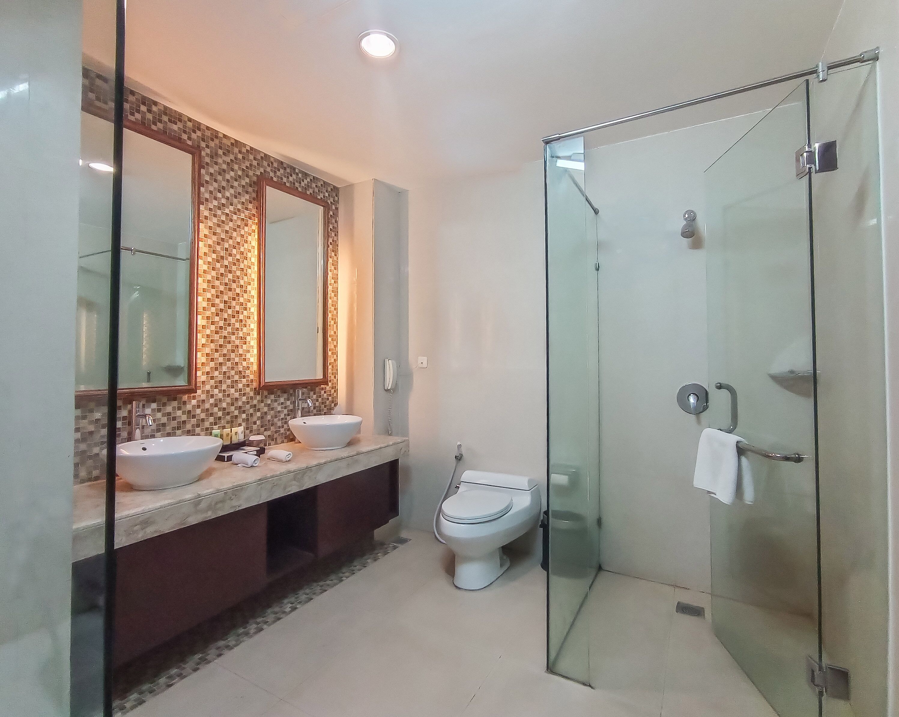 A modern bathroom with a glass-enclosed shower, a white sink, and a toilet.