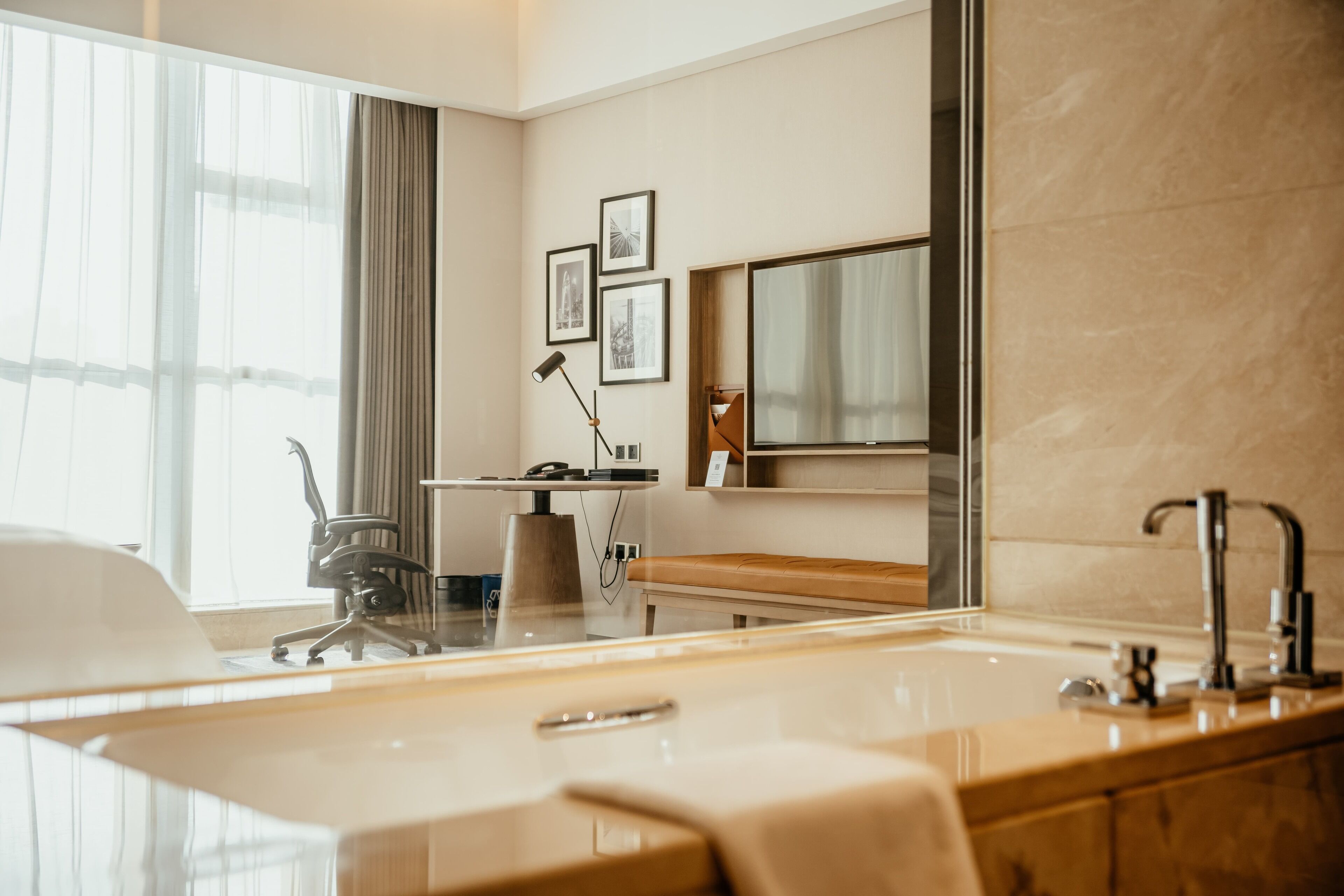 separate bathtub and shower, deep-soaking bathtub, rainfall showerhead