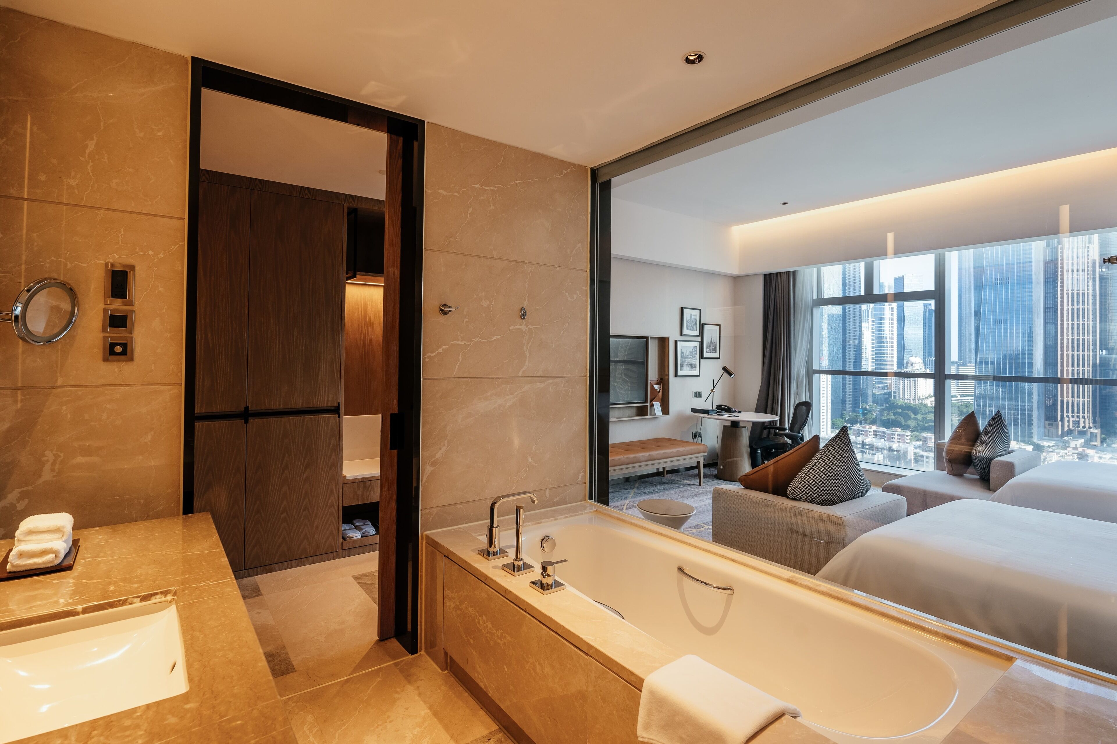 separate bathtub and shower, deep-soaking bathtub, rainfall showerhead