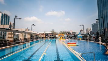 Outdoor pool, pool umbrellas, pool loungers