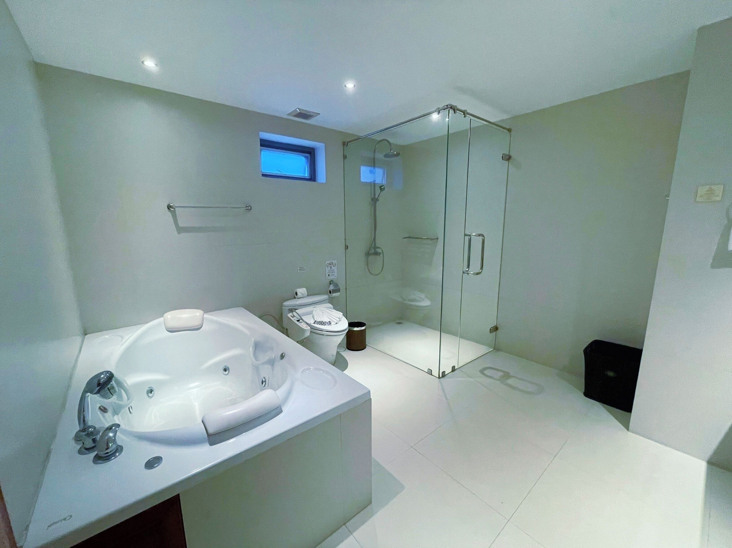 A modern bathroom with a large bathtub, a glass-enclosed shower, and a toilet.